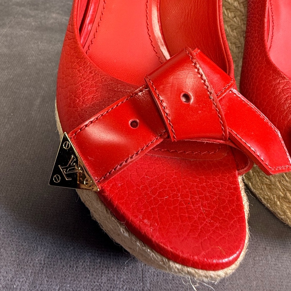 Louis Vuitton red leather wedge heel slingback espadrille sandals open-toe 35 - Picture 5 of 16